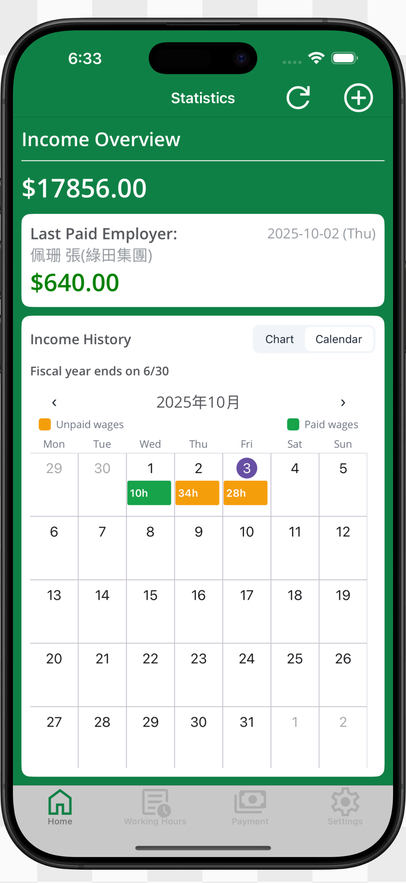 Home chart and calendar views