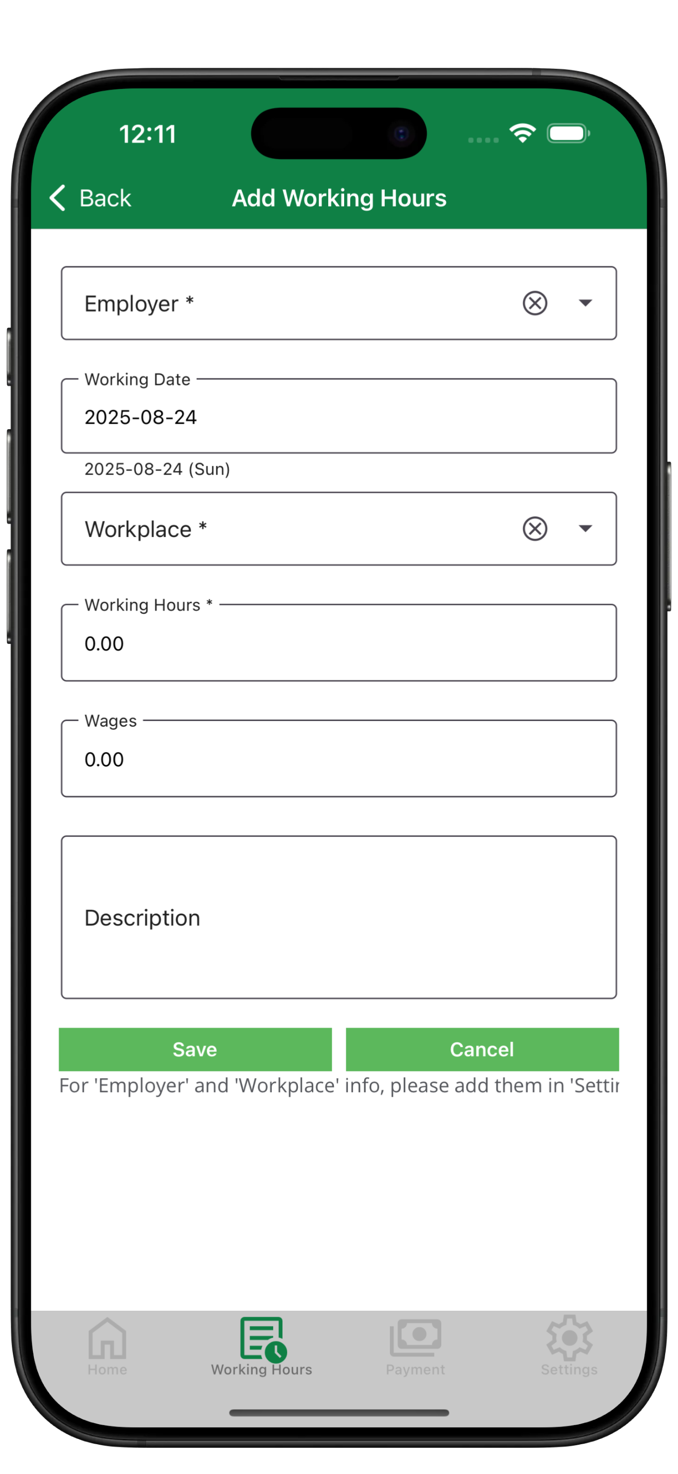 Working time swipe actions
