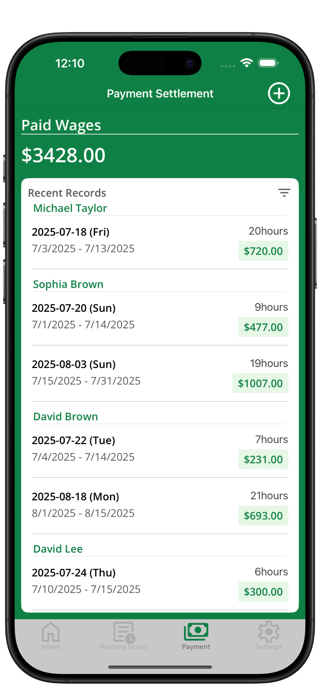 Settled wages list overview