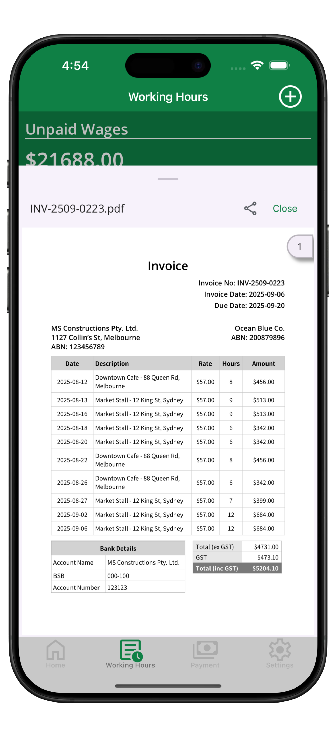 Invoice preview and actions